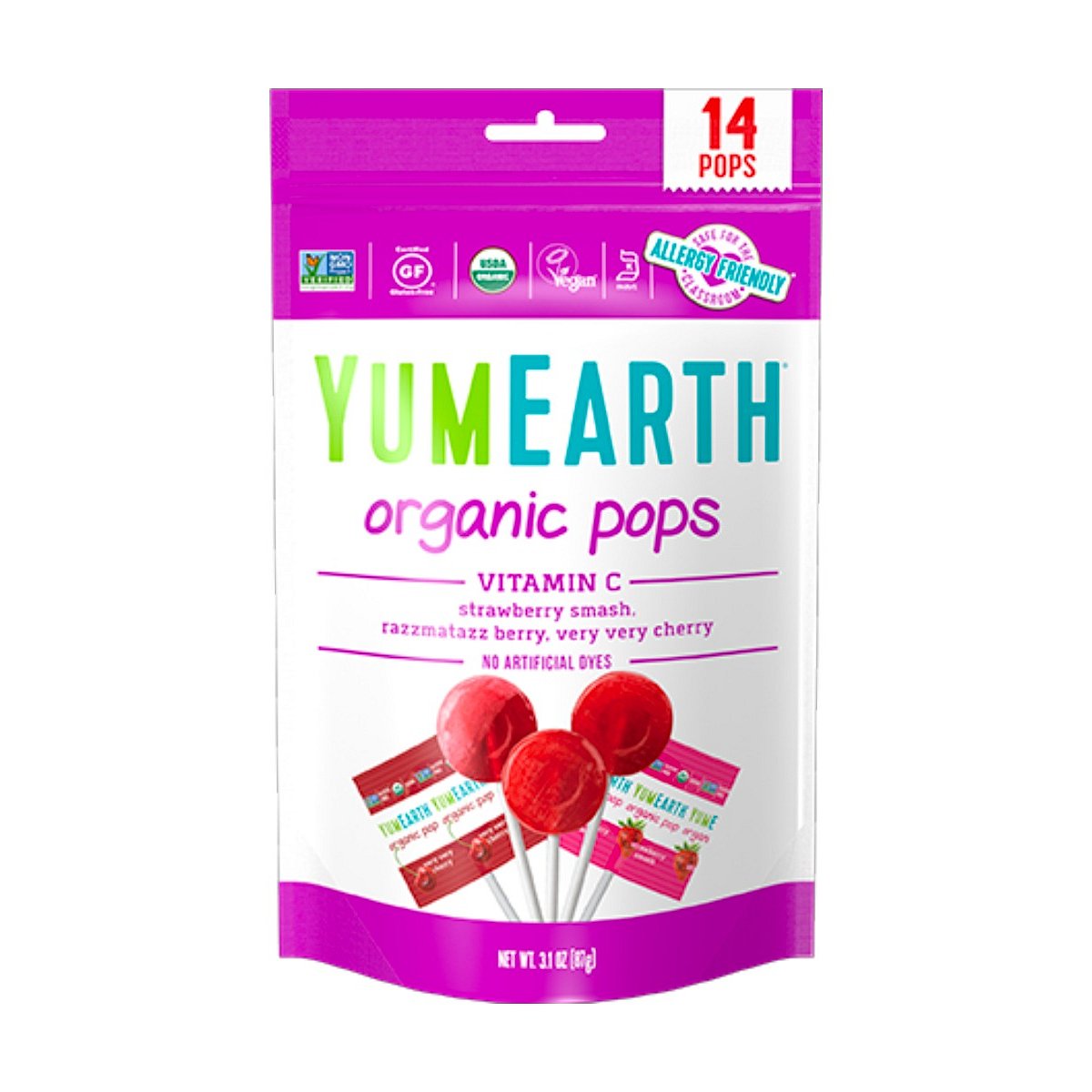 YumEarth BIO Ovocná lízátka s vitamínem C s příchutí jahody, třešně a lesních plodů 14 ks 87 g