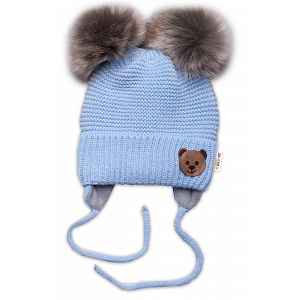 Baby Nellys Dětská zimní čepice s fleecem Teddy Bear - chlupáčk. bambulky,sv. modrá, šedá