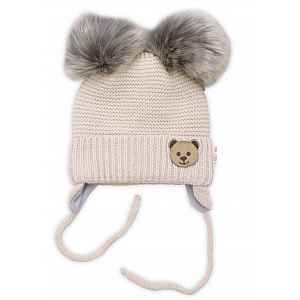 Baby Nellys Dětská zimní čepice s fleecem Teddy Bear - chlupáčk. bambulky - béžová