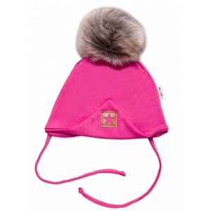 Baby Nellys Zimní,podzimní bavlněná dvouvrstvá čepice s bambulí Star, růžová