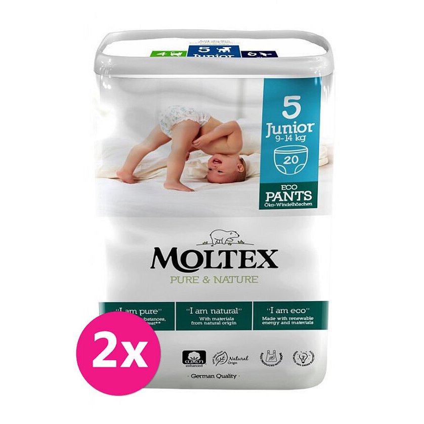 2x MOLTEX Pure&Nature Kalhotky plenkové jednorázové 5 Junior (9-14 kg) 20 ks