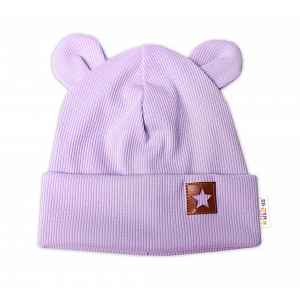 Baby Nellys Žebrovaná dvouvrstvá čepice s oušky TEDDY - lila vel.  68/74