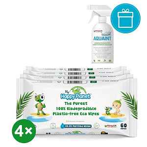 4 x MY HAPPY PLANET 100% Bio Ubrousky vlhčené odbouratelné 60 ks + AQUAINT 500 ml