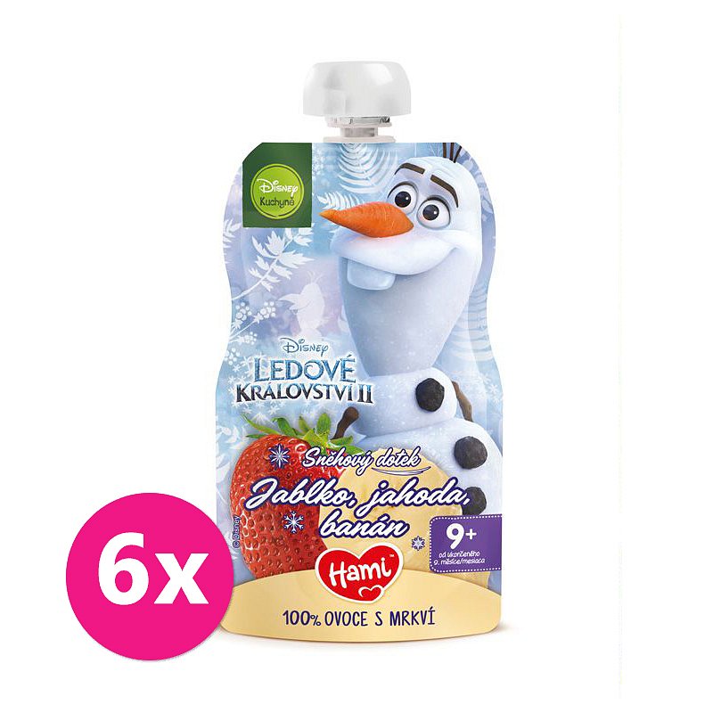 6 x HAMI Disney Frozen Olaf ovocnozeleninová kapsička Jablko, Jahoda, Banán 110 g, 9+