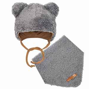 New Baby Zimní kojenecká čepička s šátkem na krk  Teddy bear šedá, vel. 80 (9-12m)