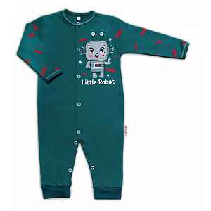 Baby Nellys Bavlněný kojenecký overal bez šlapek Little Robot, tmavě zelený, vel. 86