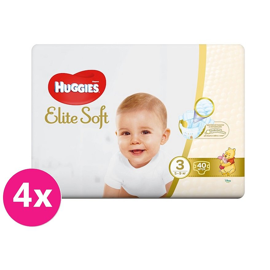 4x HUGGIES Jednorázové pleny Elite Soft vel. 3, 40 ks