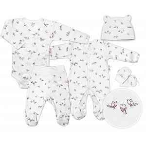 Baby Nellys 5-dílná soupravička do porodnice Ptáčci - ecru/růžová vel.  68