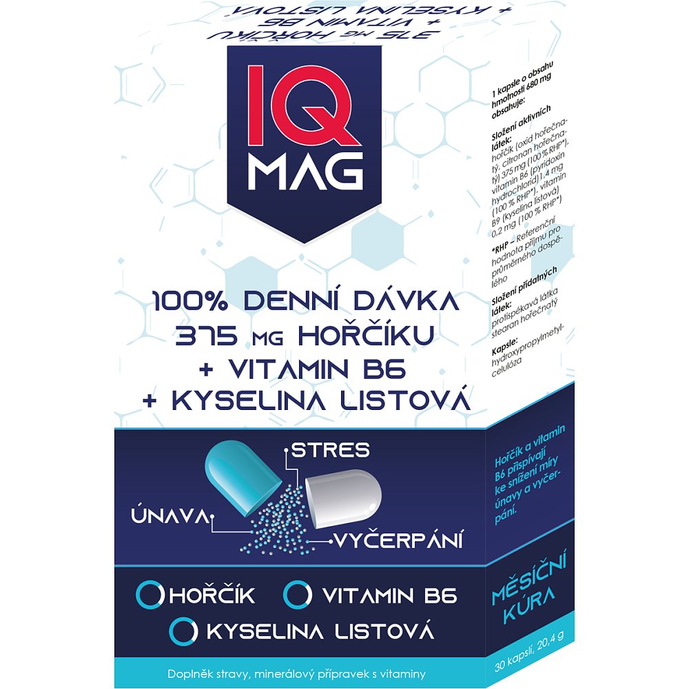 IQ MAG hořčík 375 mg + B6 + kyselina listová 30 kapslí