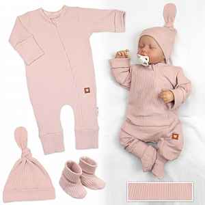 Baby Nellys Rostoucí žebrovaný overálek, čepička a botičky, 3D, Nature