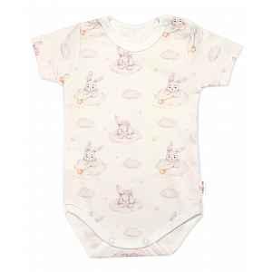 Baby Nellys Body kr. rukáv, bavlna, zapínání u krku, Králičci, krémové vel.  74