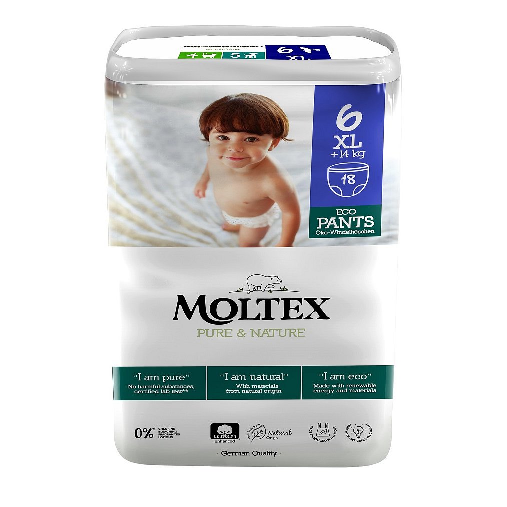 MOLTEX Pure & Nature natahovací plenkové kalhotky XL +14 kg (18 ks)