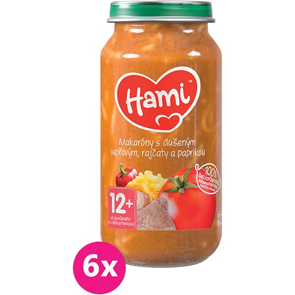 6x HAMI Makaróny s dušeným vepřovým, rajčaty a paprikou (250 g) - maso-zeleninový příkrm