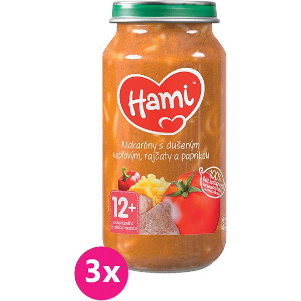 3x HAMI Makaróny s dušeným vepřovým, rajčaty a paprikou (250 g) - maso-zeleninový příkrm