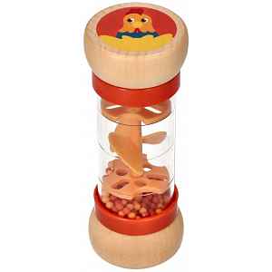 Adam Toys Dřevěné chrastítko/dešťová sprcha s kuličkama, Slepička - oranžové