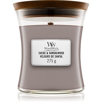 Woodwick Suede & Sandalwood vonná svíčka s dřevěným knotem 275 g