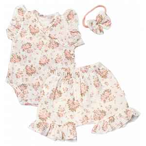 Baby Nellys Zavinovací body, kraťasky + čelenka, mušelín, Pivoňky, , smetanové