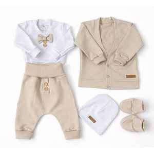 Kazum Bavlněná sada, body, kalhoty, motýlek a čepice Elegant Boy 5D, béžová/bílá