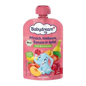 Babydream BIO ovocný příkrm broskev, jablko, banán a malina 100 g