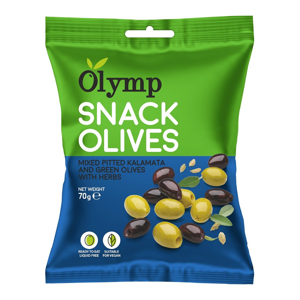 Olymp Mix Kalamata tmavé a zelené olivy bez pecky s bylinkami 70 g