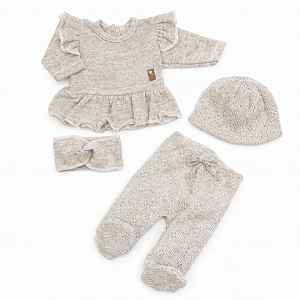 Kazum Pletená ažurková sada, tunika, polodupačky, čepička + čelenka, vel. 62