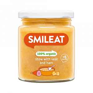 Smileat BIO příkrm telecí maso se šunkou a zeleninou s extra panenským olivovým olejem 6M+ 230 g