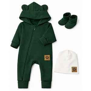Baby Nellys Rostoucí oteplený overál s čepičkou a botičkami, 3D - tm. zelený, vel. 68/74