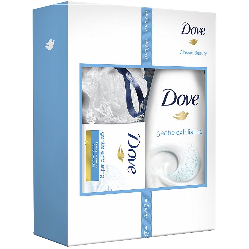 DOVE Gentle Exfolianting dárková kazeta s mycí houbou - sprchový gel, tuhé mýdlo