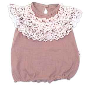 Baby Nellys Body s nohavičkami, mušelín s krajkou BOHO - hnědorůžová