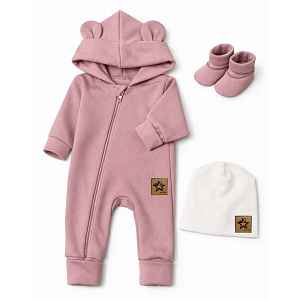 Baby Nellys Rostoucí oteplený overál s čepičkou a botičkami, 3D - pudrově růžová, vel. 68/74