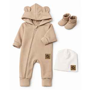 Baby Nellys Rostoucí oteplený overál s čepičkou a botičkami, 3D - béžový, vel. 80/86