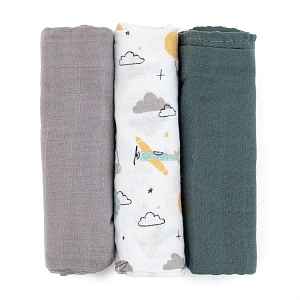 PETITE&MARS Sada plenek bambusová mušelínová 3ks Moussy Grey Planes, 68 x 68 cm