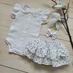 Kazum Mušelínová sukničkokraťásky, bodýčko a čelenka, 3D sada, bílá/dots, 68/74