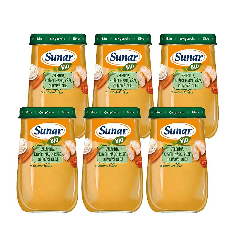 6x SUNAR BIO Zelenina, kuřecí maso, rýže, olivový olej 190 g
