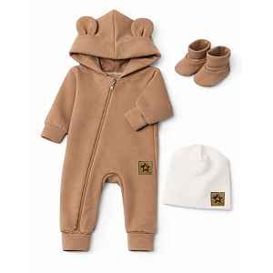 Baby Nellys Rostoucí oteplený overál s čepičkou a botičkami, 3D - karamelový, vel. 80/86