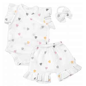 Baby Nellys Zavinovací body, kraťasky + čelenka, mušelín, Srdíčko vel.  86