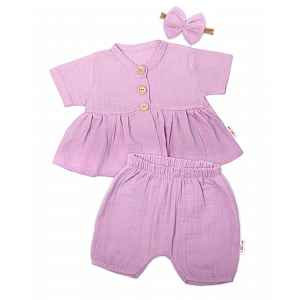 Baby Nellys 3-dílná mušelínová soupr, tunika/halenka, kraťasky, čelenka, lila, vel. 80 vel.  80