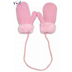 YO ! Zimní kojenecké rukavičky s kožíškem - se šňůrkou YO - sv. růžové/růžový kožíšek