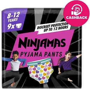 PAMPERS Kalhotky plenkové Ninjamas Pyjama Pants Srdíčka, 9 ks, 8 let, 27kg-43kg