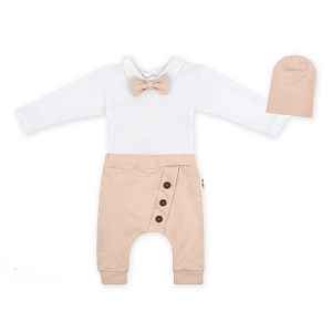 Baby Nellys 3-dílná sada Hubert, body s motýlkem, tepláčky a čepička - béžový, vel. 86 vel.  86