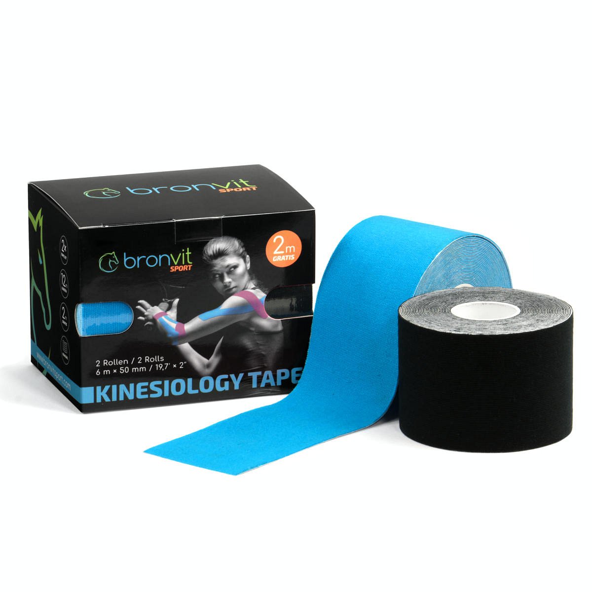 BronVit Sport Kinesio Tape set 5 cm x 6 m tejpovací páska 2 ks černá + modrá