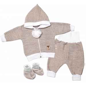 Baby Nellys 3-dílná souprava Hand made, pletený kabátek, kalhoty a botičky, béžová, vel.68