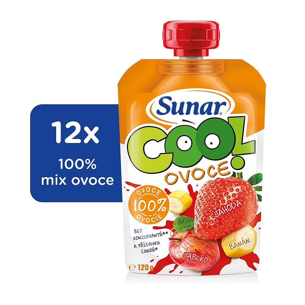 12x SUNÁREK Cool ovoce Jahoda, banán, jablko (120g) - ovocný příkrm