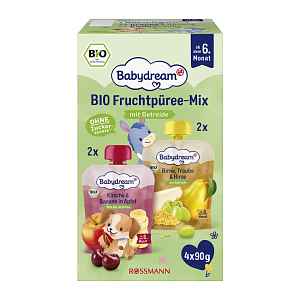 Babydream BIO ovocný příkrm hruška, hrozno a jáhly + višeň, jablko a banán 360 g