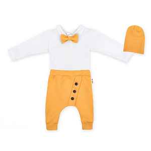 Baby Nellys 3-dílná sada Hubert, body s motýlkem, tepláčky a čepička - hořčicová, vel. 92 vel.  92