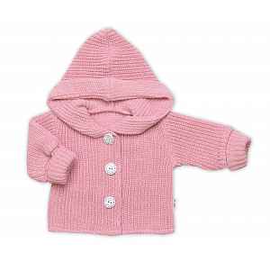 Baby Nellys Pletený svetřík s kapucí a knoflíčky Made with Love, růžový