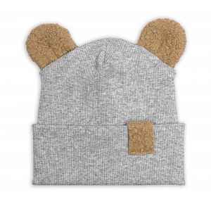 Baby Nellys Dvouvrstvá žebrovaná čepička s oušky boucle medvídek - šedý melír