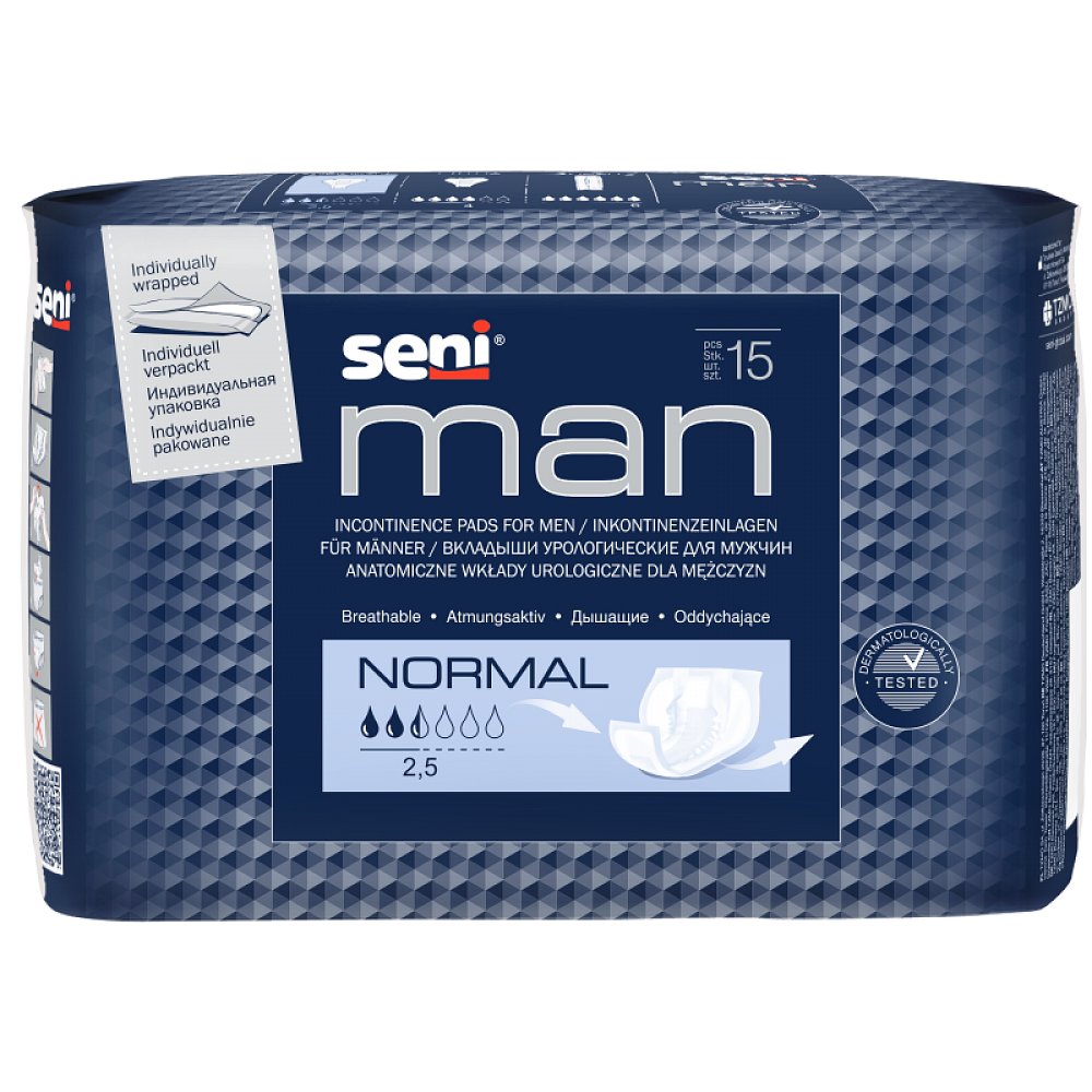 SENI Man normal inkontinenční vložky pro muže 2,5 kapky 15 kusů, poškozený obal