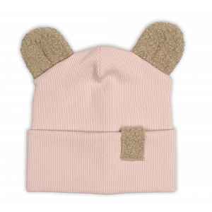 Baby Nellys Dvouvrstvá žebrovaná čepička s oušky boucle medvídek - růžová, 68/74