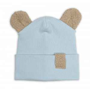 Baby Nellys Dvouvrstvá žebrovaná čepička s oušky boucle medvídek - modrá, 68/74